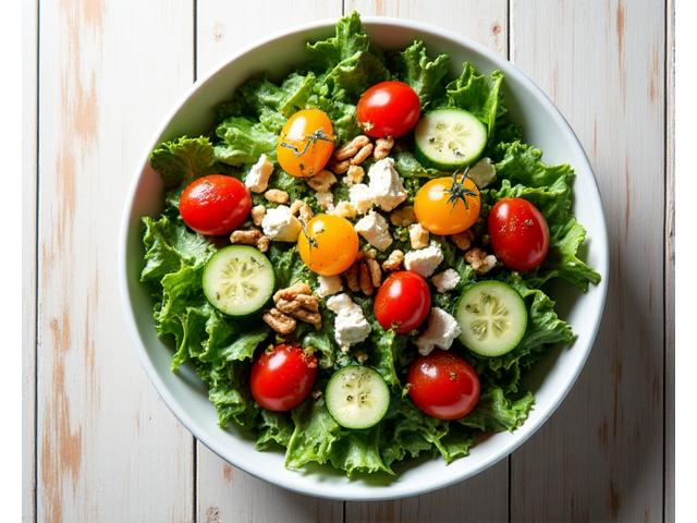 A vibrant bowl of fresh seasonal salad with mixed greens, berries, goat cheese, and nuts.