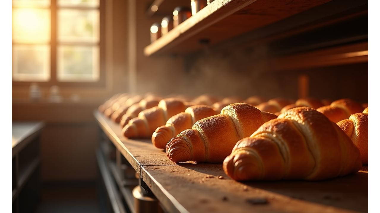 Time-lapse video of croissants being baked in a warm, artisanal bakery kitchen in Piccadilly